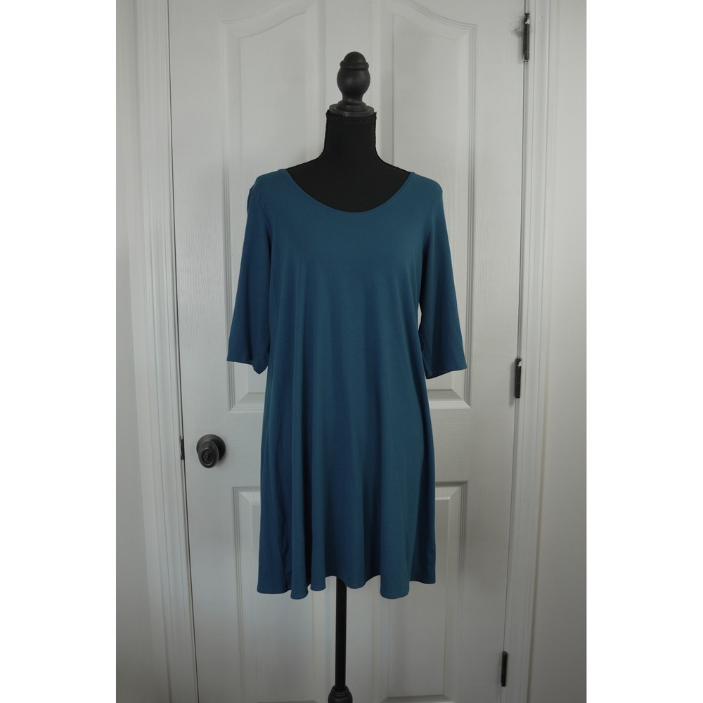 Eileen Fisher Teal Blue Jersey‎ Knit Scoop Neck 3/4 Sleeve Tunic Dress Medium
